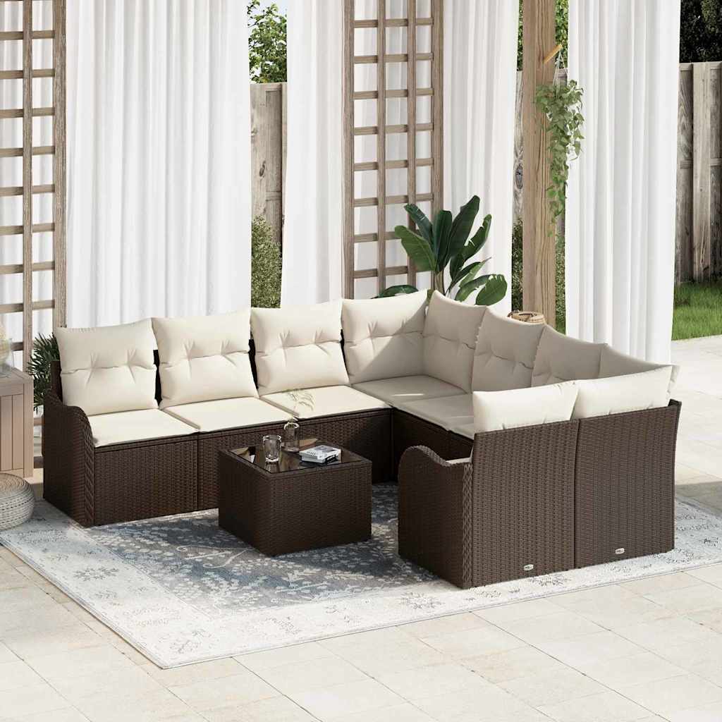 Tuin Sofa Set 9 pcs Bruin en Crème Poly Riet en Staal en Glas is nu te koop bij PeponiXL, paradijselijk wonen!