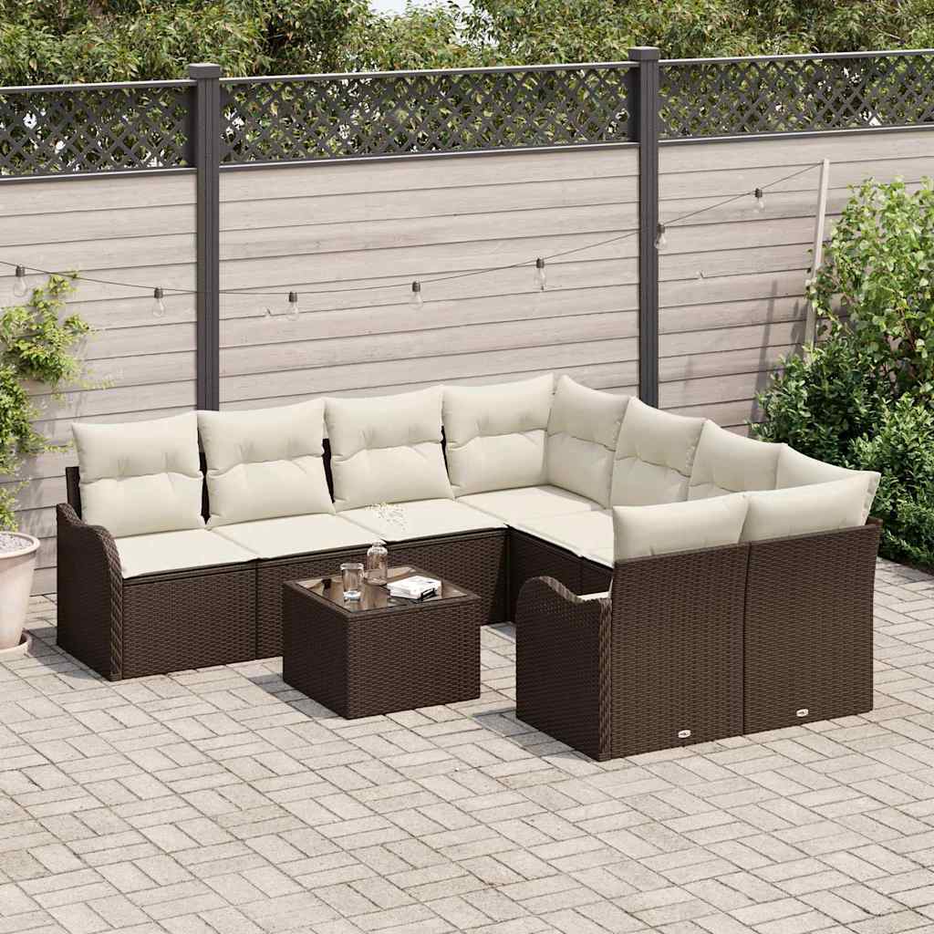 Tuin Sofa Set 9 pcs Bruin en Crème Poly Riet en Staal en Glas is nu te koop bij PeponiXL, paradijselijk wonen!