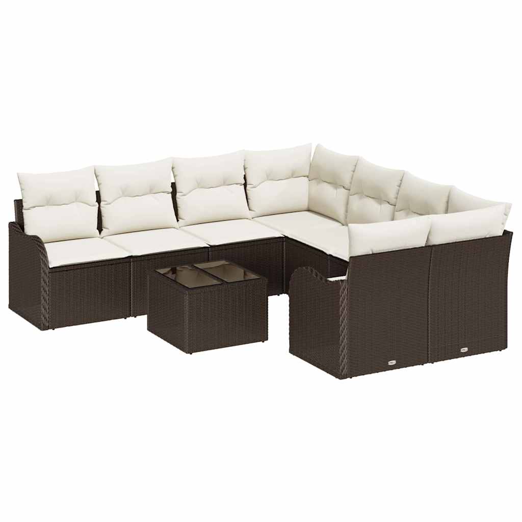 Tuin Sofa Set 9 pcs Bruin en Crème Poly Riet en Staal en Glas is nu te koop bij PeponiXL, paradijselijk wonen!