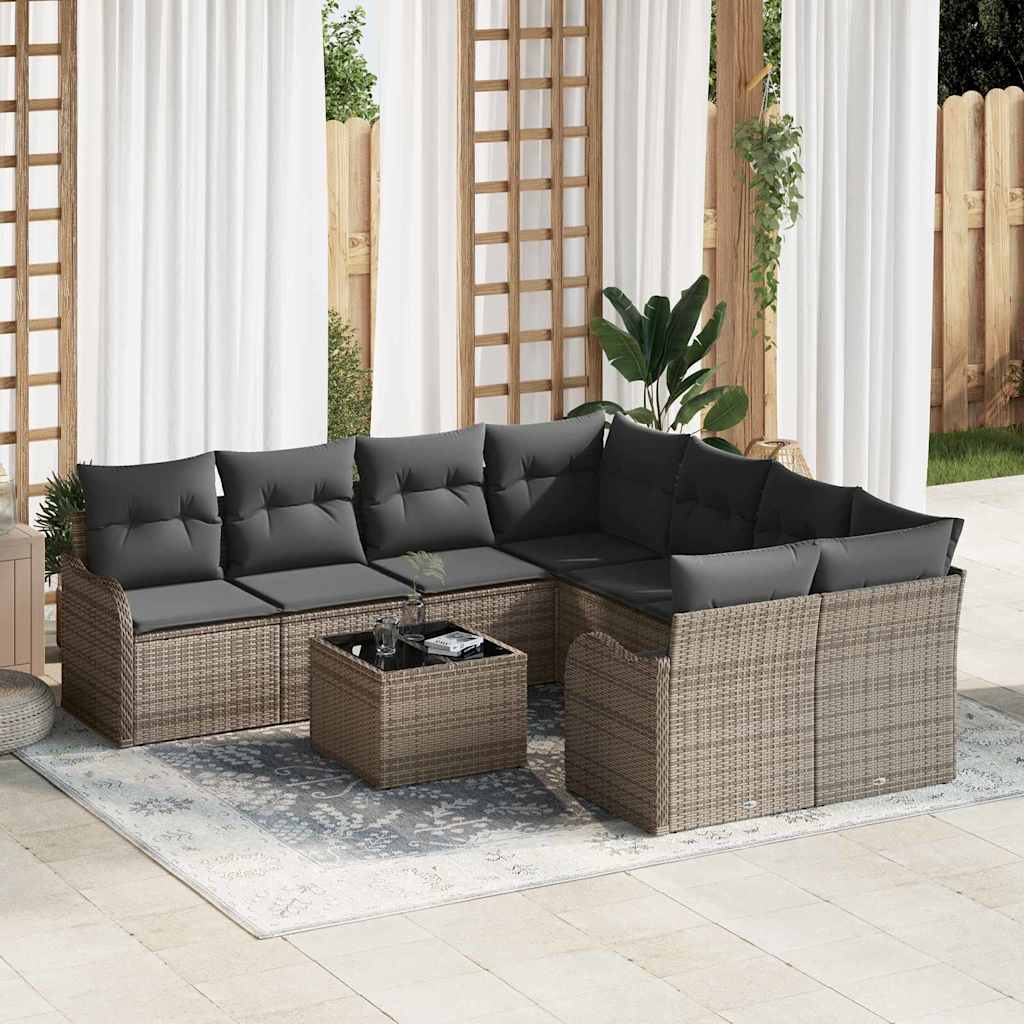Tuin Sofa Set met kussen 9 pcs Grijs Poly Riet en Staal en Glas is nu te koop bij PeponiXL, paradijselijk wonen!