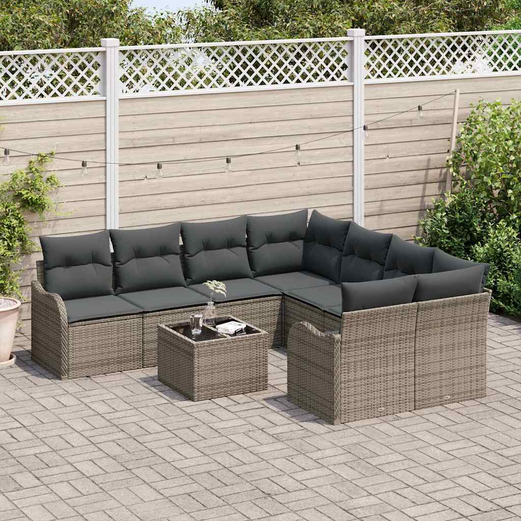 Tuin Sofa Set met kussen 9 pcs Grijs Poly Riet en Staal en Glas is nu te koop bij PeponiXL, paradijselijk wonen!