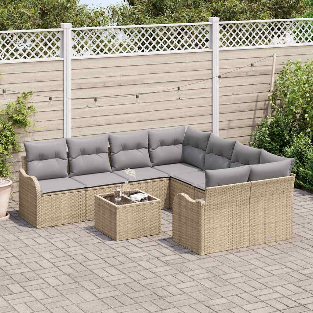 Tuin Sofa Set 9 pcs Beige en Grijs Poly Riet en Staal en Glas is nu te koop bij PeponiXL, paradijselijk wonen!