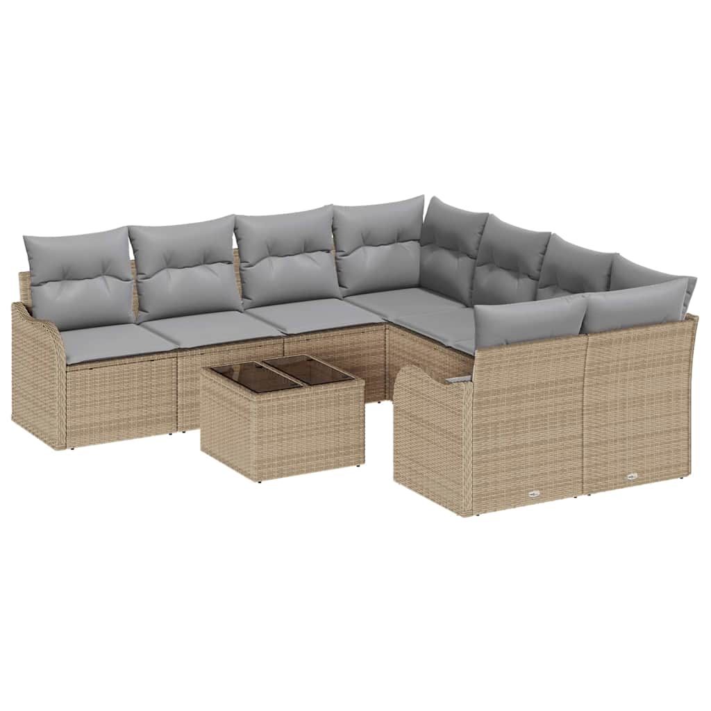 Tuin Sofa Set 9 pcs Beige en Grijs Poly Riet en Staal en Glas is nu te koop bij PeponiXL, paradijselijk wonen!