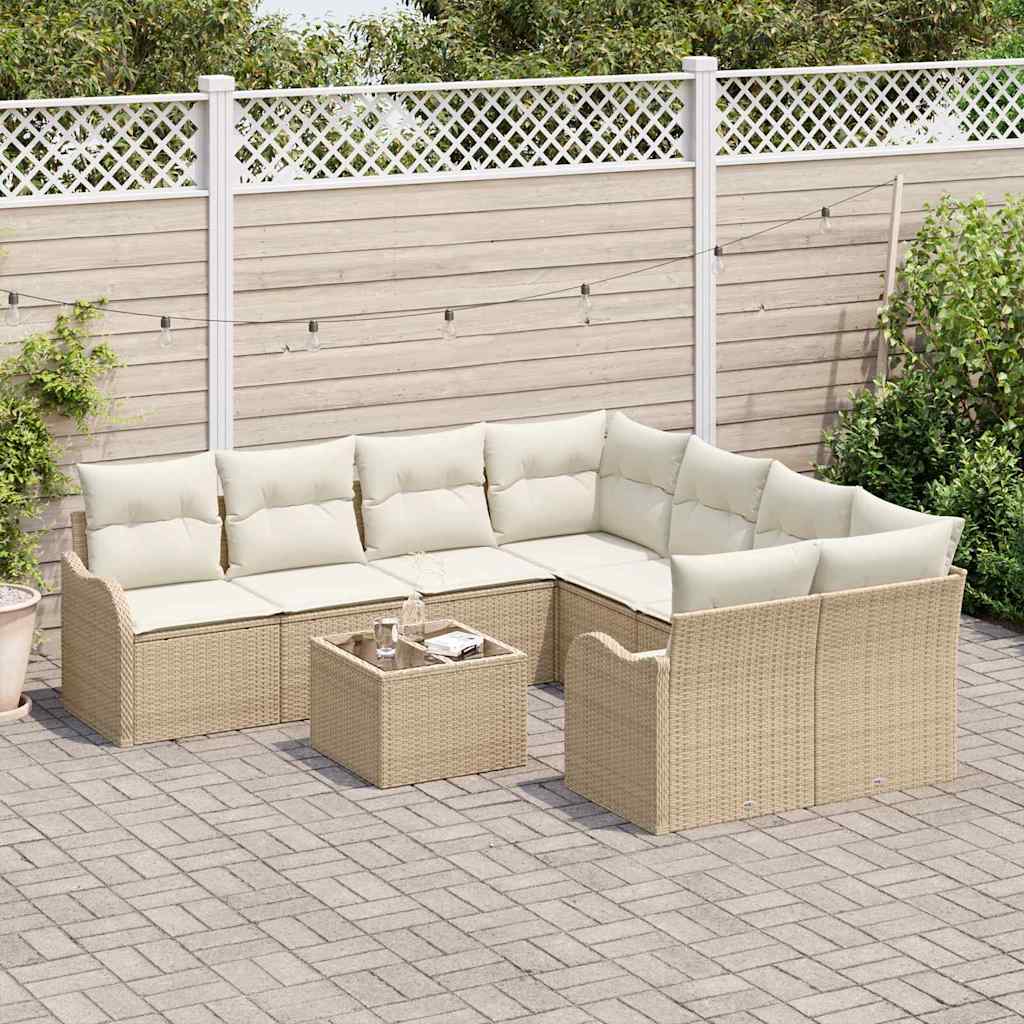 Tuin Sofa Set 9 pcs Beige en Crème Poly Riet en Staal en Glas is nu te koop bij PeponiXL, paradijselijk wonen!