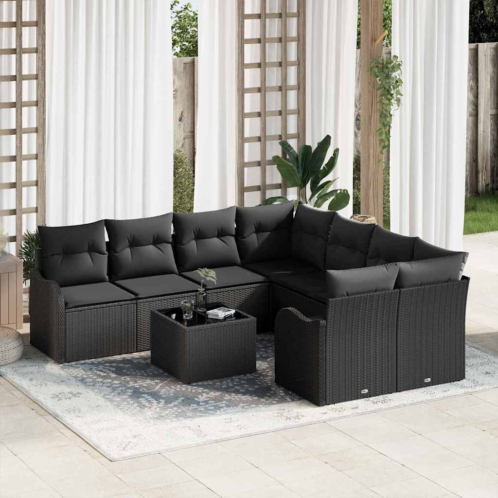 Tuin Sofa Set met kussen 9 pcs Zwart Poly Riet en Staal en Glas is nu te koop bij PeponiXL, paradijselijk wonen!