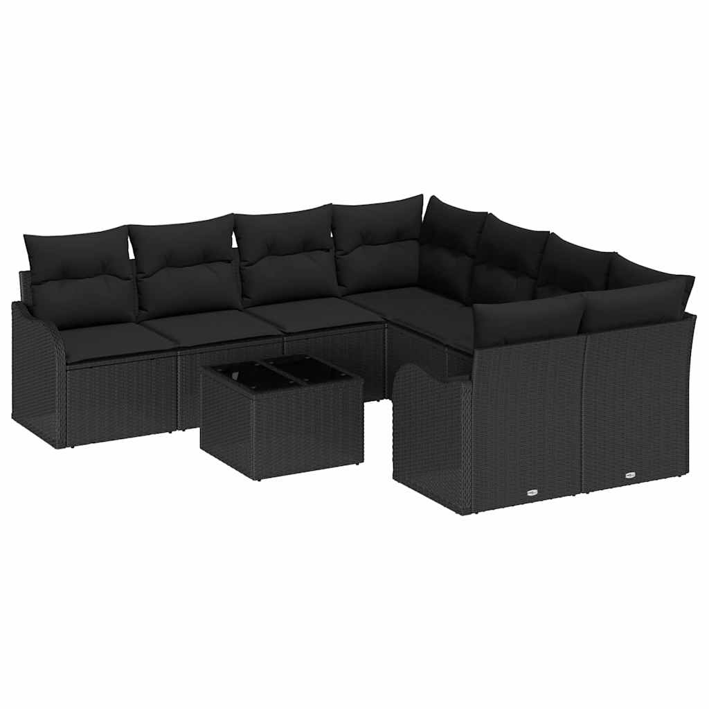 Tuin Sofa Set met kussen 9 pcs Zwart Poly Riet en Staal en Glas is nu te koop bij PeponiXL, paradijselijk wonen!