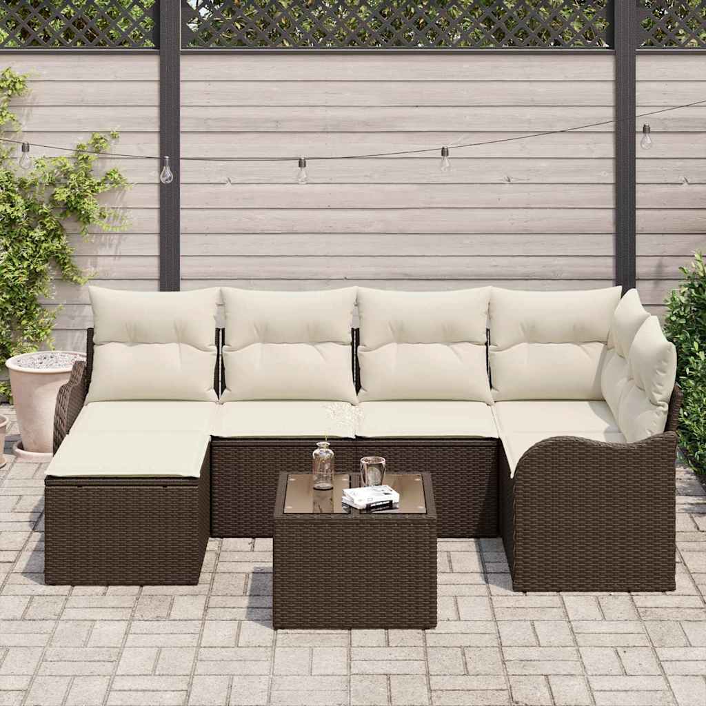 Tuin Sofa Set met kussen 7 pcs Bruin en wit Poly riet is nu te koop bij PeponiXL, paradijselijk wonen!