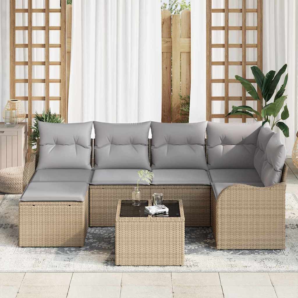 Tuin Sofa Set met kussen 7 pcs beige en lichtgrijs Poly riet is nu te koop bij PeponiXL, paradijselijk wonen!