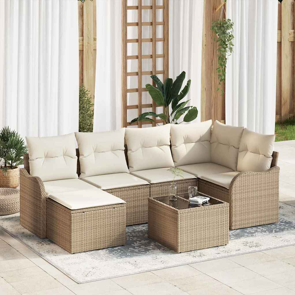 Tuin Sofa Set met kussen 7 pcs Beige en wit Poly riet is nu te koop bij PeponiXL, paradijselijk wonen!