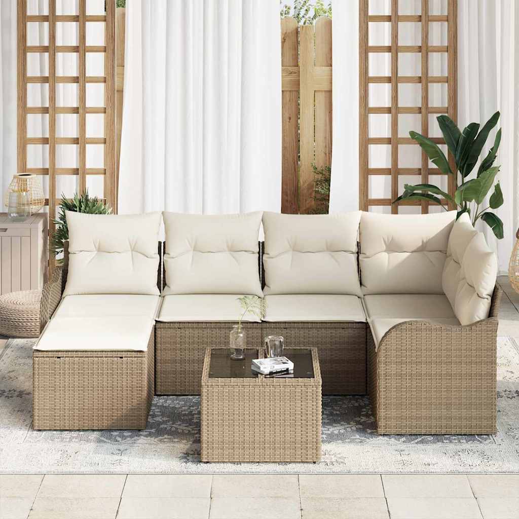 Tuin Sofa Set met kussen 7 pcs Beige en wit Poly riet is nu te koop bij PeponiXL, paradijselijk wonen!