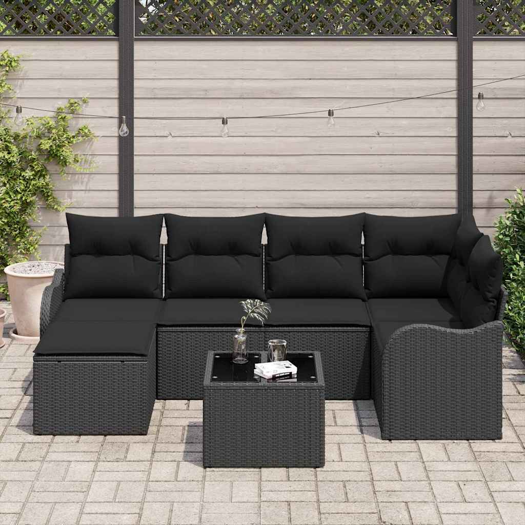 Tuin Sofa Set met kussen 7 pcs Zwart Poly riet is nu te koop bij PeponiXL, paradijselijk wonen!