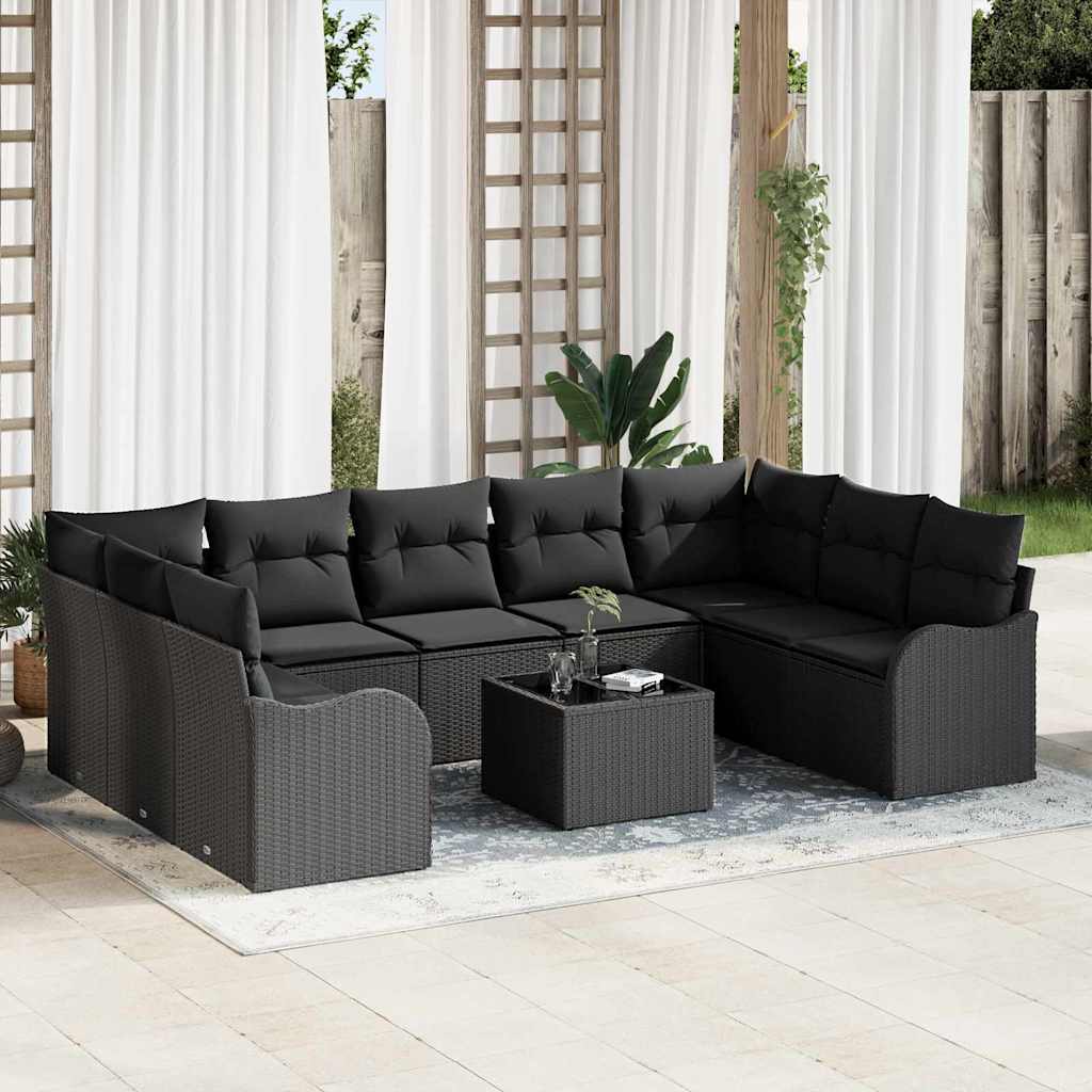 Tuin Sofa Set met kussen 10 pcs Zwart Poly riet is nu te koop bij PeponiXL, paradijselijk wonen!
