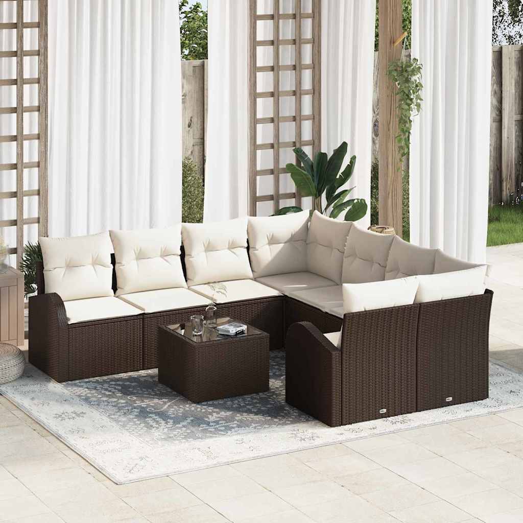 Bankstel met kussen met opslag 9 pcs Bruin en Crème poly rattan is nu te koop bij PeponiXL, paradijselijk wonen!