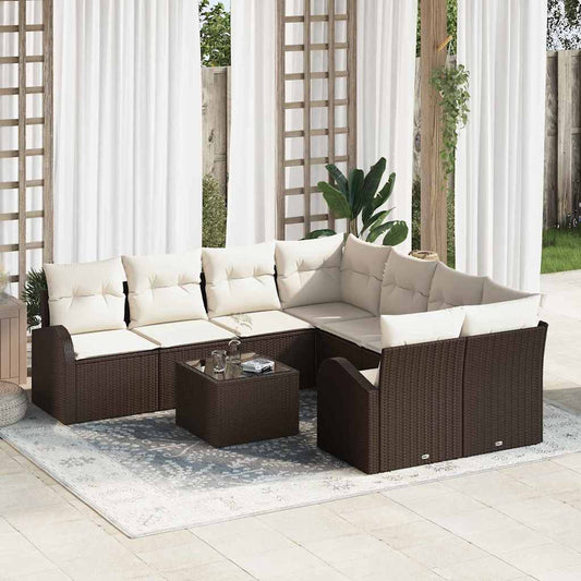 Bankstel met kussen met opslag 9 pcs Bruin en Crème poly rattan is nu te koop bij PeponiXL, paradijselijk wonen!