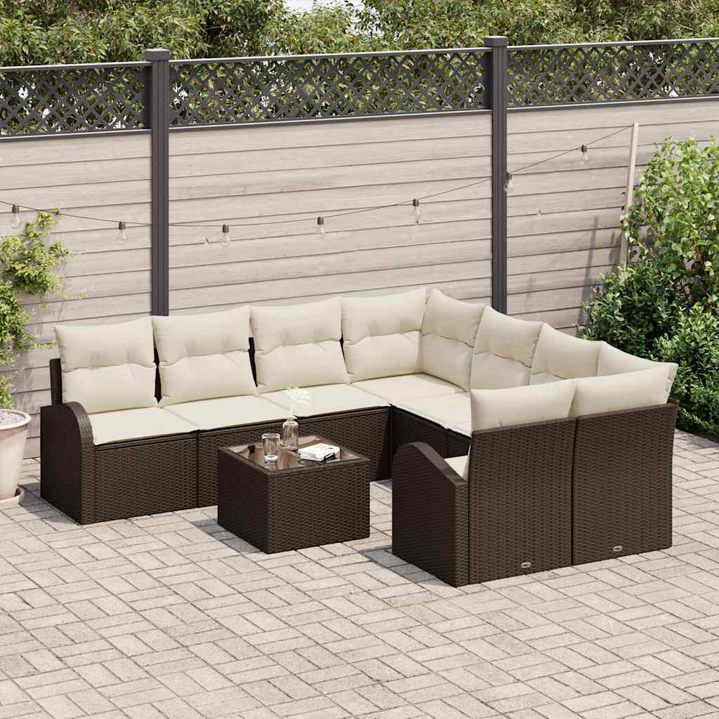 Bankstel met kussen met opslag 9 pcs Bruin en Crème poly rattan is nu te koop bij PeponiXL, paradijselijk wonen!