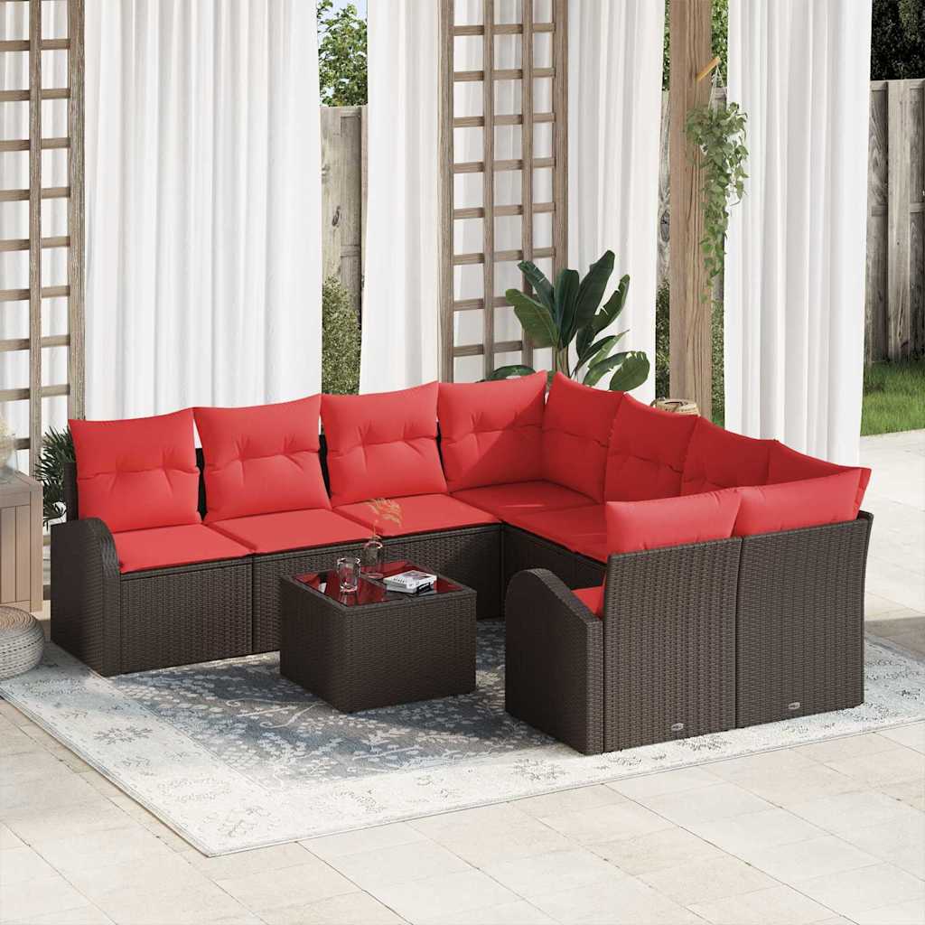 Bankstel met kussen met opslag 9 pcs Beige en Rood poly rattan is nu te koop bij PeponiXL, paradijselijk wonen!