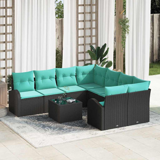 Bankstel met kussen 9 pcs Zwart en Turquoise poly rattan is nu te koop bij PeponiXL, paradijselijk wonen!