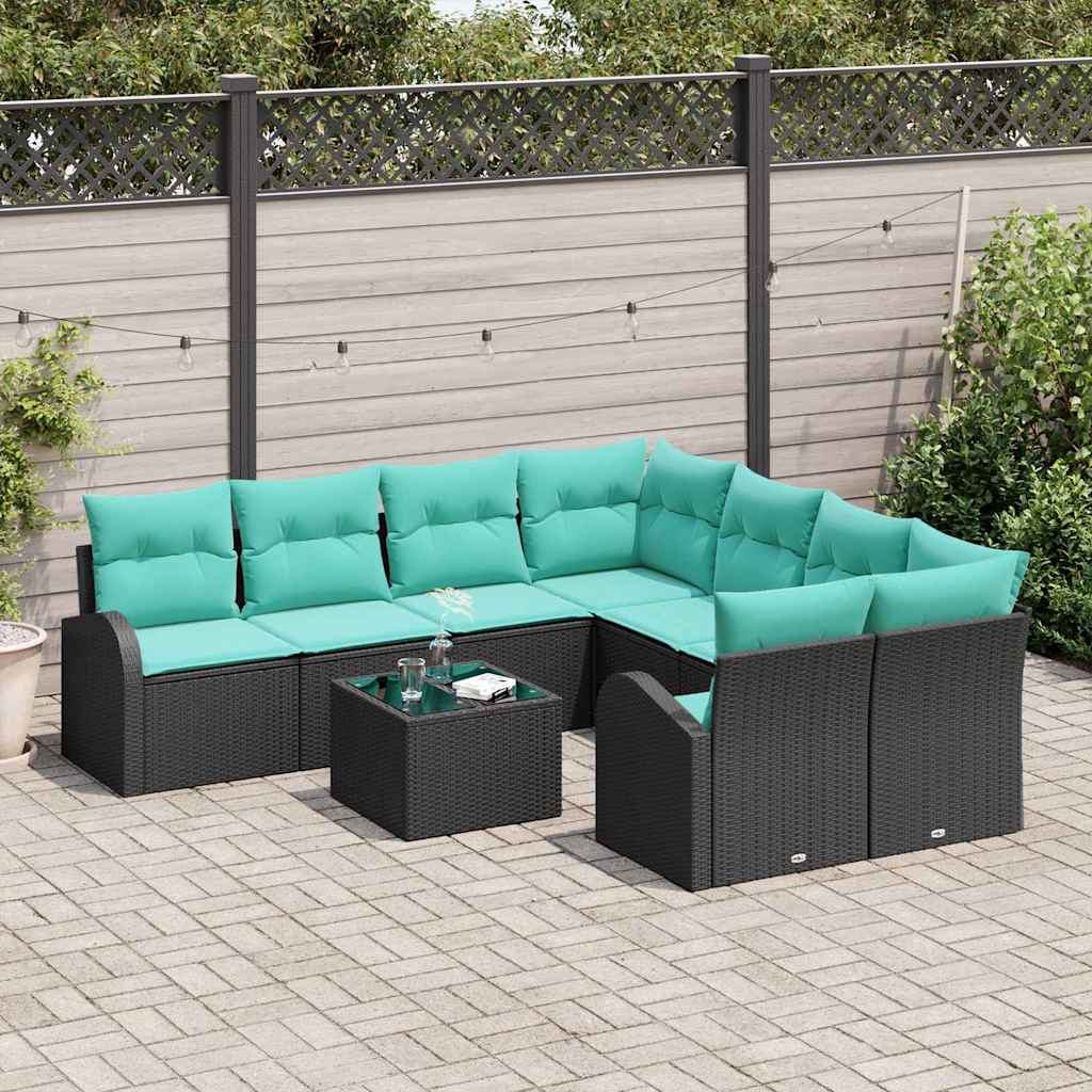Bankstel met kussen 9 pcs Zwart en Turquoise poly rattan is nu te koop bij PeponiXL, paradijselijk wonen!