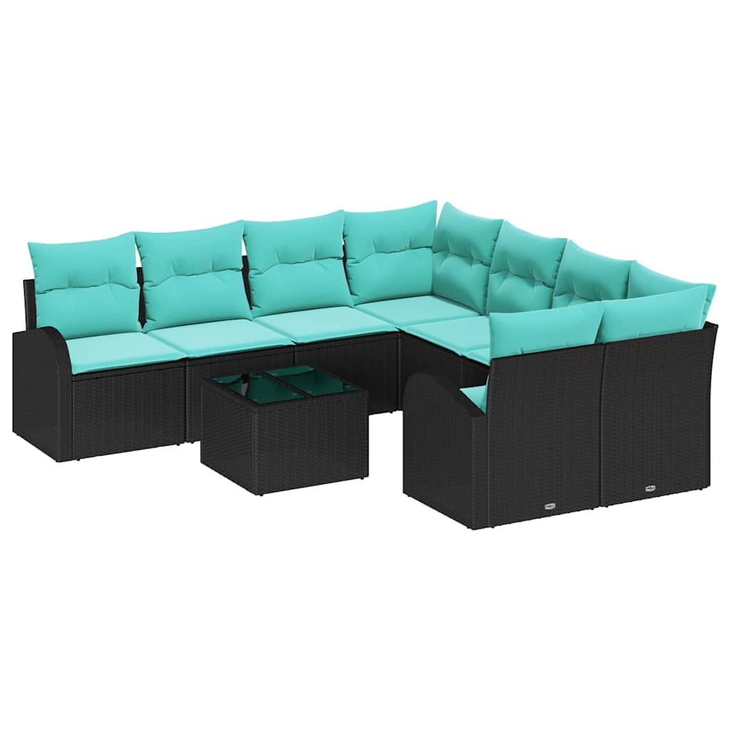 Bankstel met kussen 9 pcs Zwart en Turquoise poly rattan is nu te koop bij PeponiXL, paradijselijk wonen!
