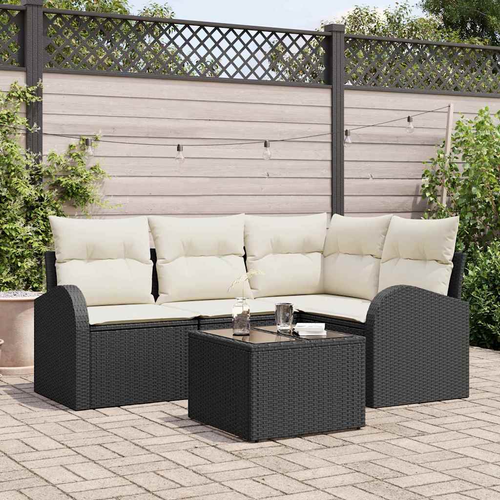 Tuinbankenset met kussen 5 pcs Zwart en Wit poly rattan is nu te koop bij PeponiXL, paradijselijk wonen!