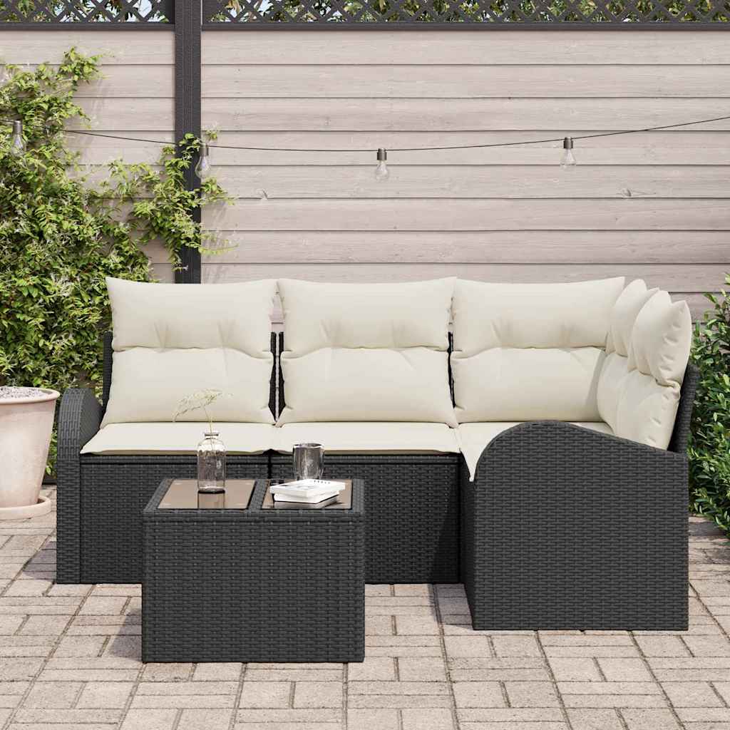 Tuinbankenset met kussen 5 pcs Zwart en Wit poly rattan is nu te koop bij PeponiXL, paradijselijk wonen!