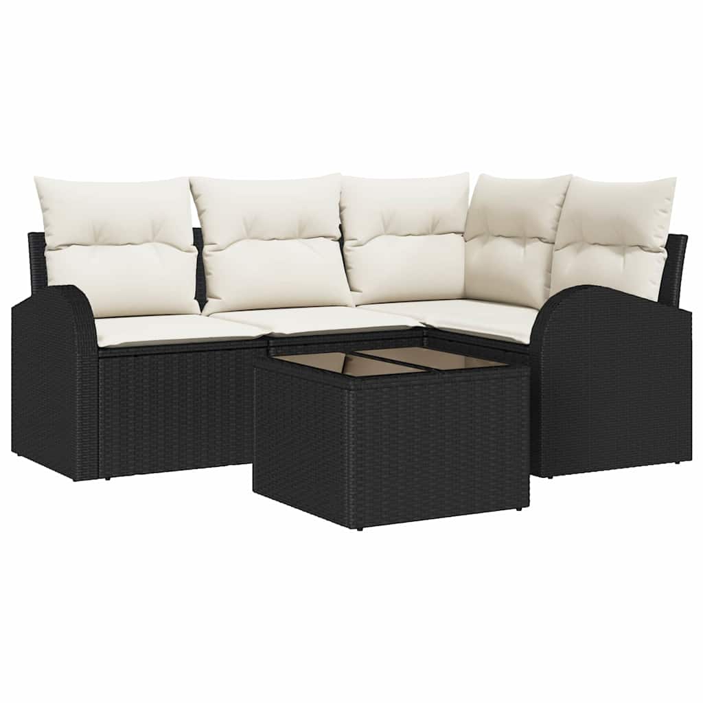 Tuinbankenset met kussen 5 pcs Zwart en Wit poly rattan is nu te koop bij PeponiXL, paradijselijk wonen!