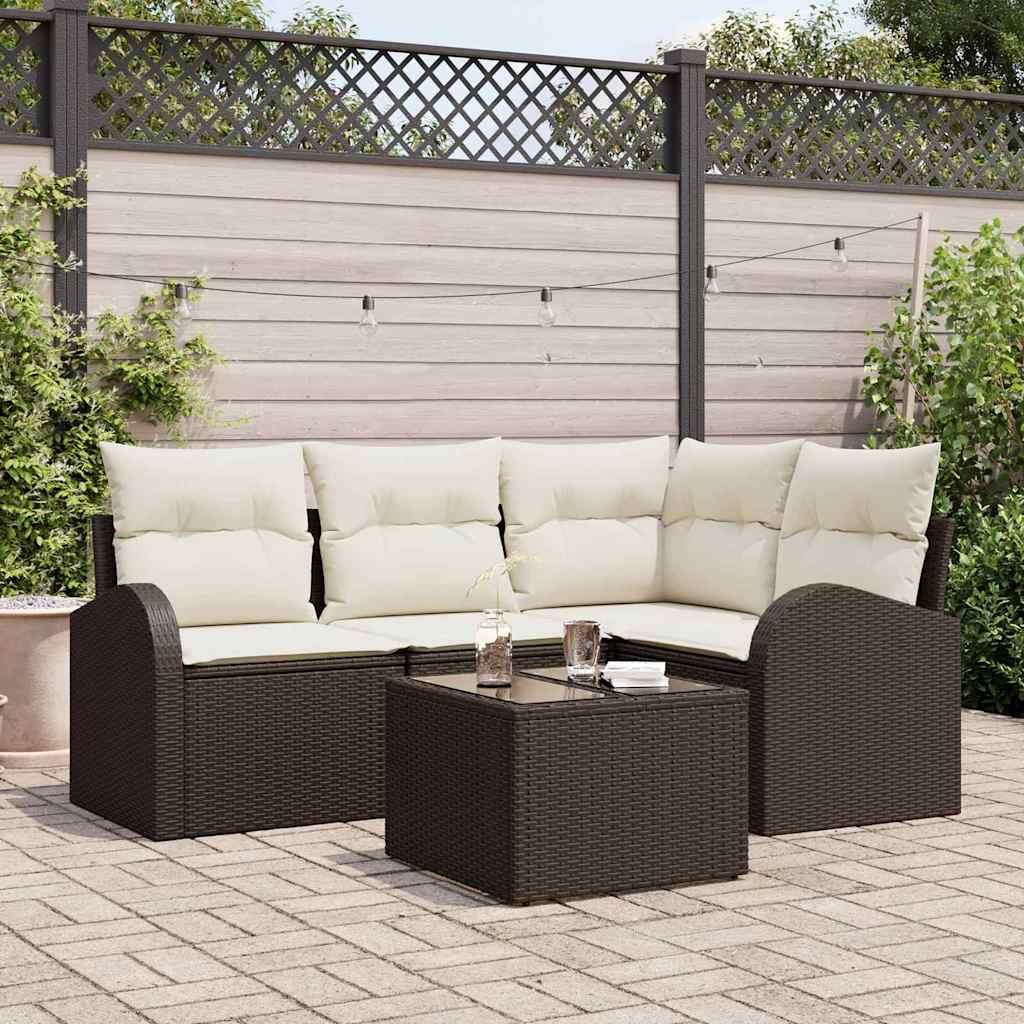 Tuinbankenset met kussen 5 pcs Bruin en wit poly rattan is nu te koop bij PeponiXL, paradijselijk wonen!