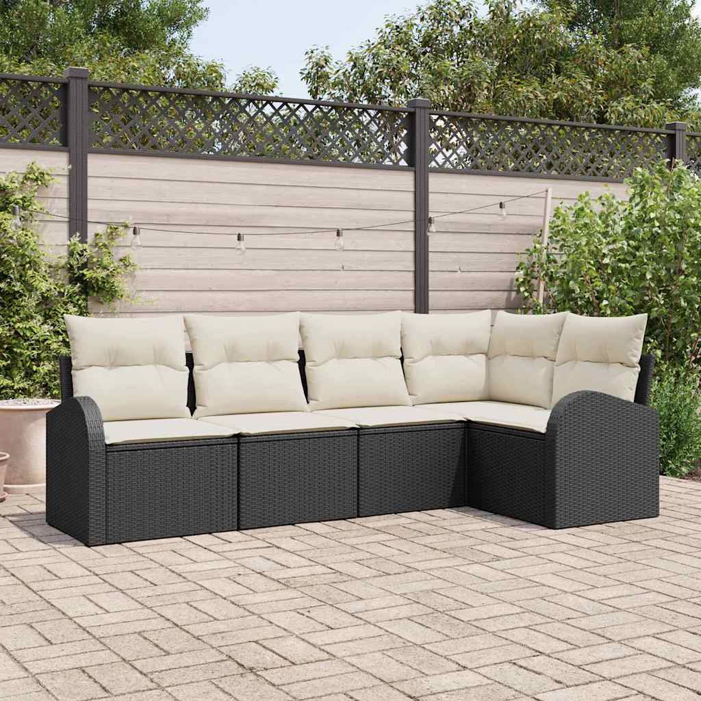 Tuinbankenset met kussen 5 pcs Zwart en Wit poly rattan is nu te koop bij PeponiXL, paradijselijk wonen!