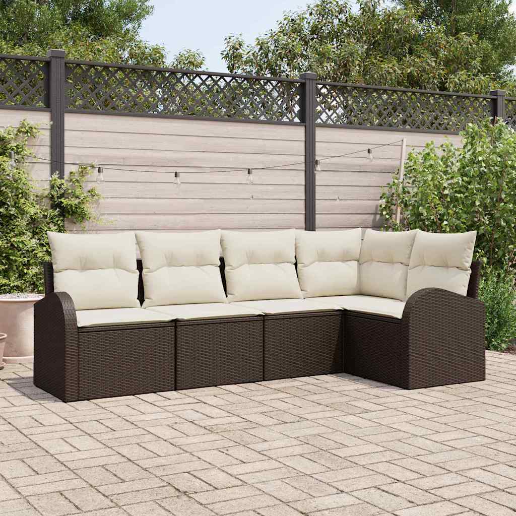 Tuinbankenset met kussen 5 pcs Bruin en wit poly rattan is nu te koop bij PeponiXL, paradijselijk wonen!