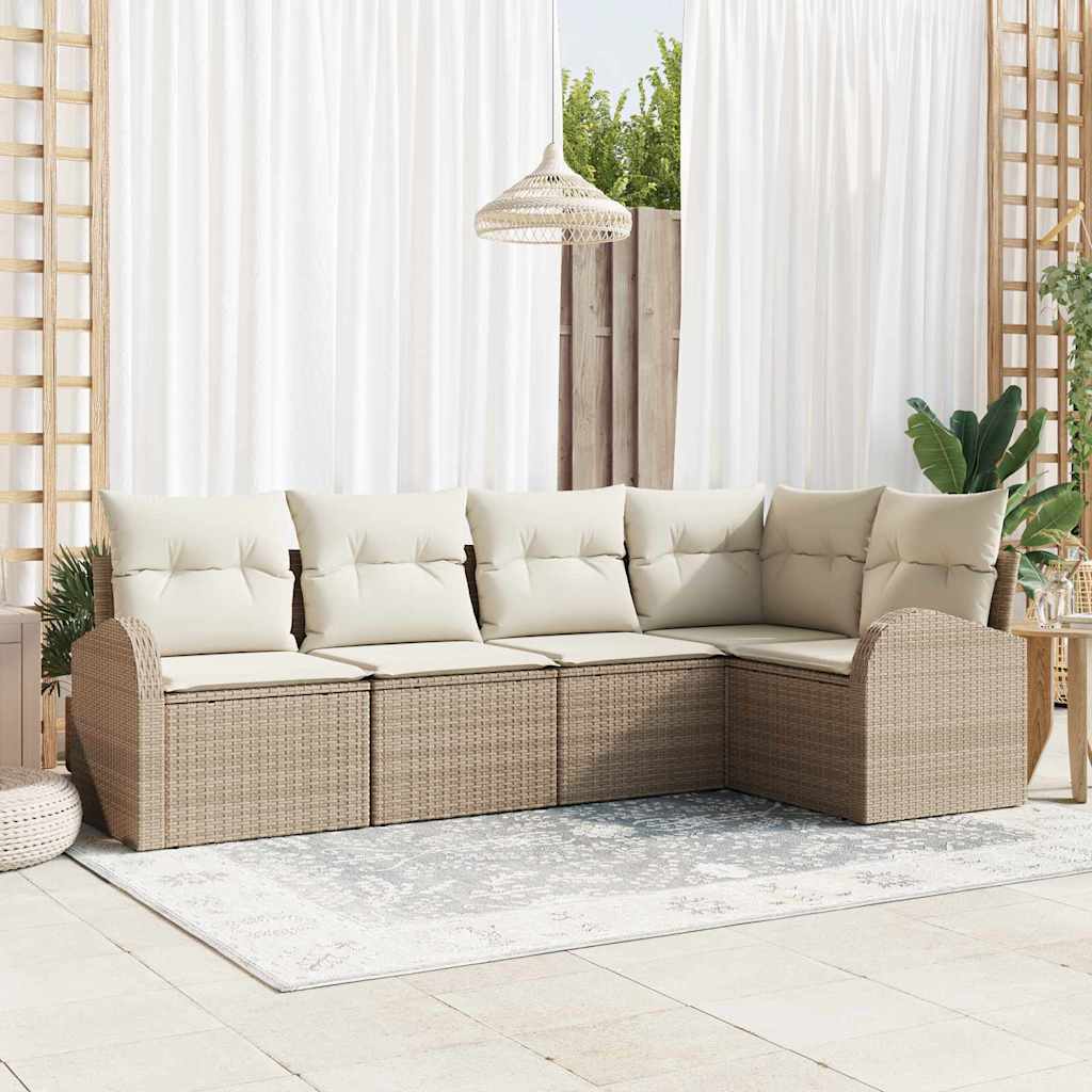 Tuinbankenset met kussen 5 pcs Beige en Wit poly rattan is nu te koop bij PeponiXL, paradijselijk wonen!