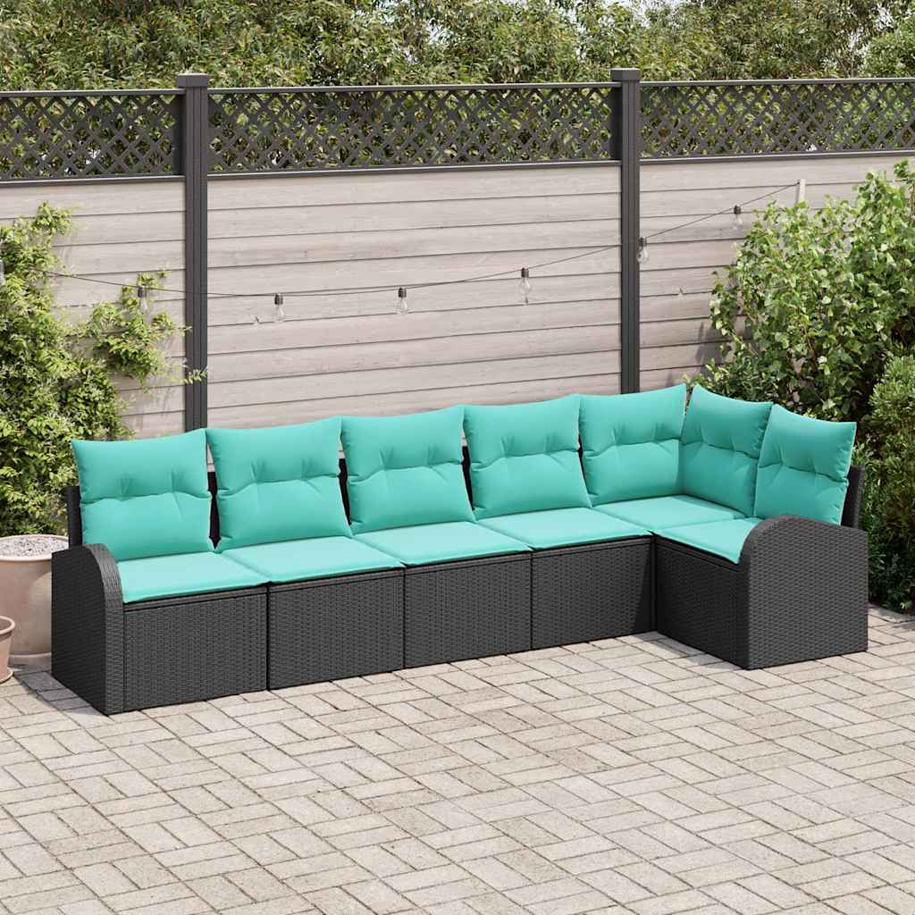 Tuinbankenset met kussen 6 pcs Zwart en Turquoise poly rattan