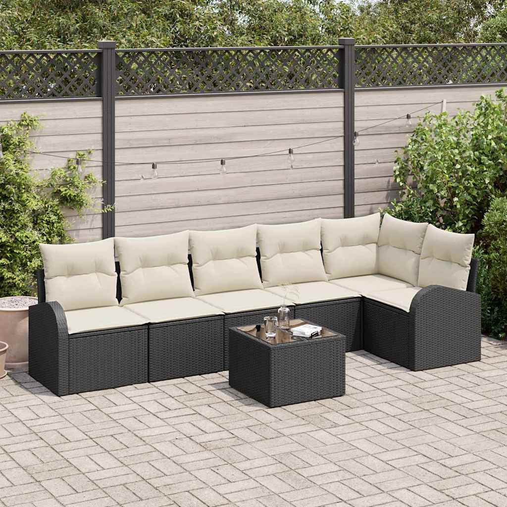 Tuinbankenset met kussen 7 pcs Zwart en Wit poly rattan is nu te koop bij PeponiXL, paradijselijk wonen!