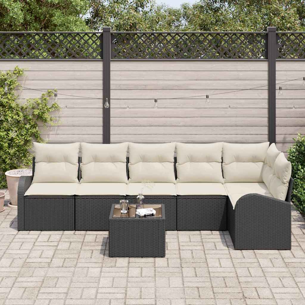 Tuinbankenset met kussen 7 pcs Zwart en Wit poly rattan is nu te koop bij PeponiXL, paradijselijk wonen!