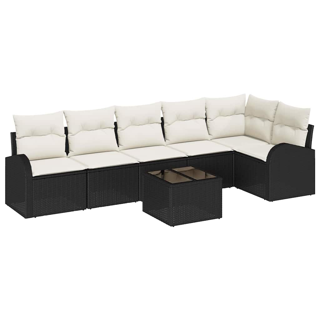 Tuinbankenset met kussen 7 pcs Zwart en Wit poly rattan is nu te koop bij PeponiXL, paradijselijk wonen!