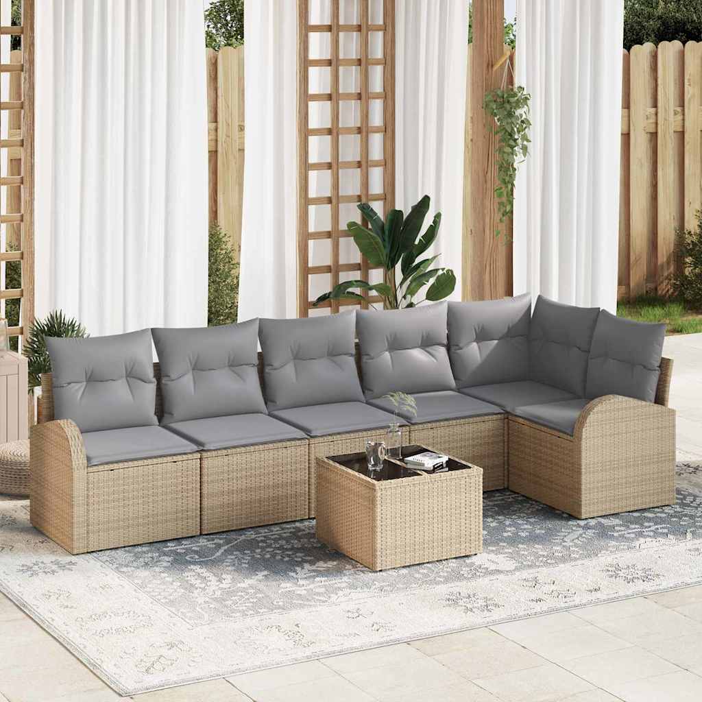Tuinbankenset met kussen 7 pcs Beige en lichtgrijs poly rattan is nu te koop bij PeponiXL, paradijselijk wonen!