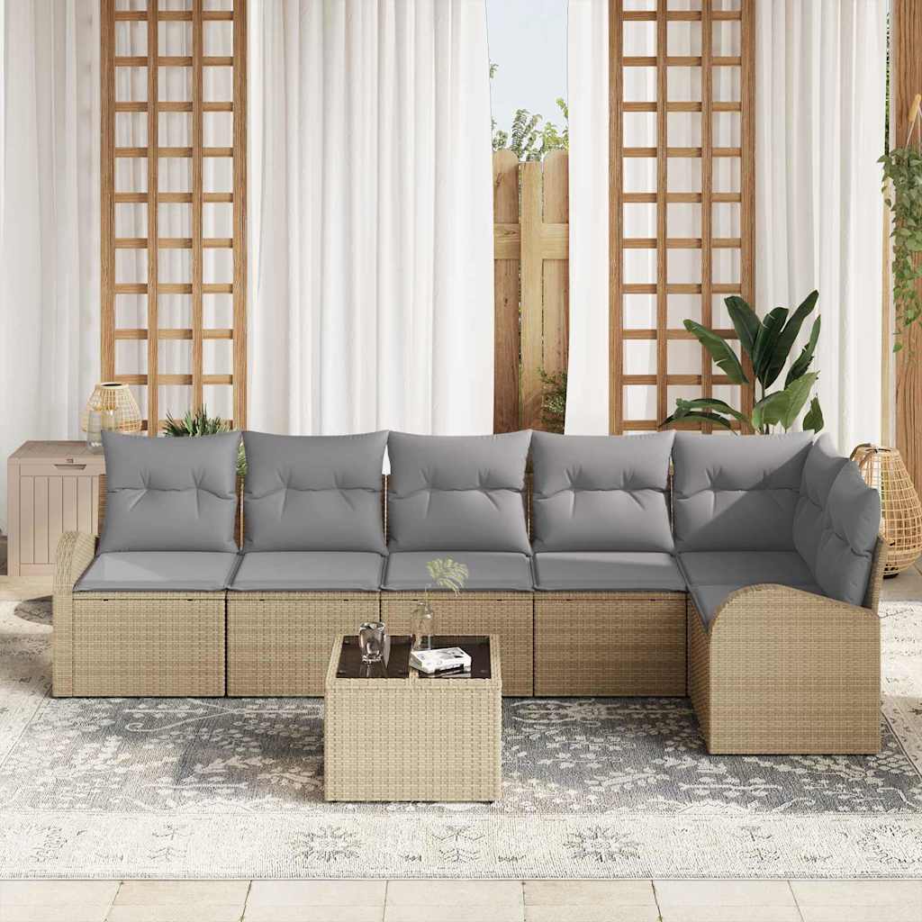 Tuinbankenset met kussen 7 pcs Beige en lichtgrijs poly rattan is nu te koop bij PeponiXL, paradijselijk wonen!