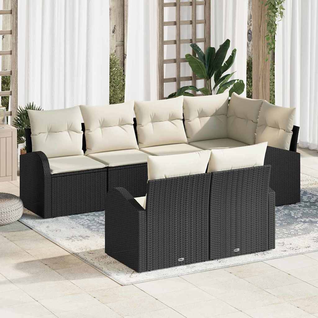 Tuinbankenset met kussen 7 pcs Zwart en Wit poly rattan is nu te koop bij PeponiXL, paradijselijk wonen!