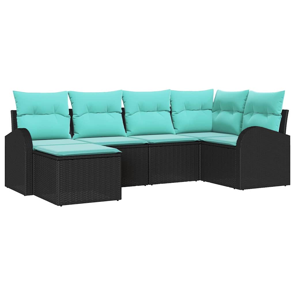 Bankstel met kussen 6 pcs Zwart en Turquoise poly rattan