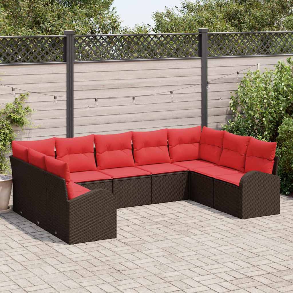 Tuinbankenset met kussen 9 pcs Bruin en Rood poly rattan is nu te koop bij PeponiXL, paradijselijk wonen!