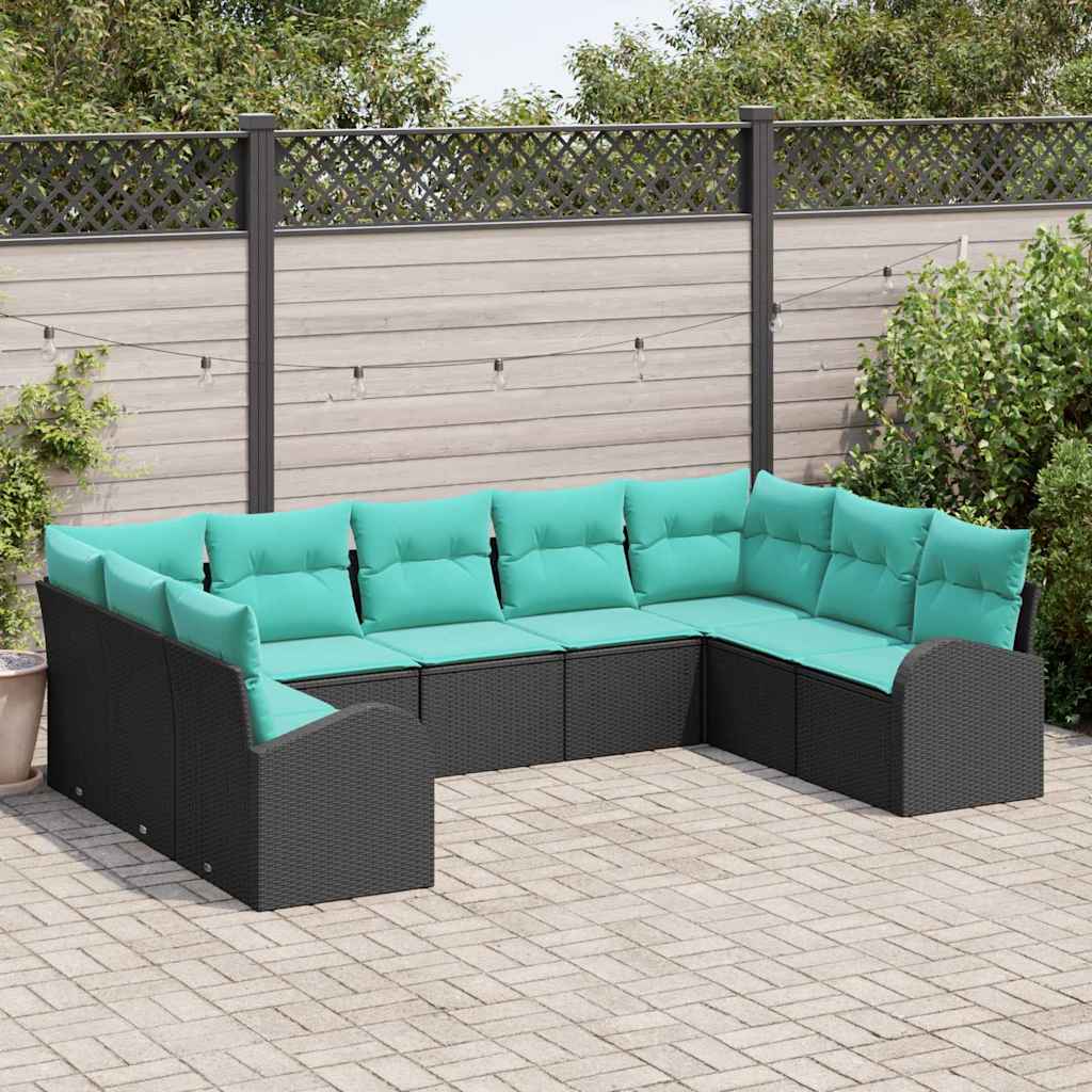 Tuinbankenset met kussen 9 pcs Zwart en Turquoise poly rattan is nu te koop bij PeponiXL, paradijselijk wonen!