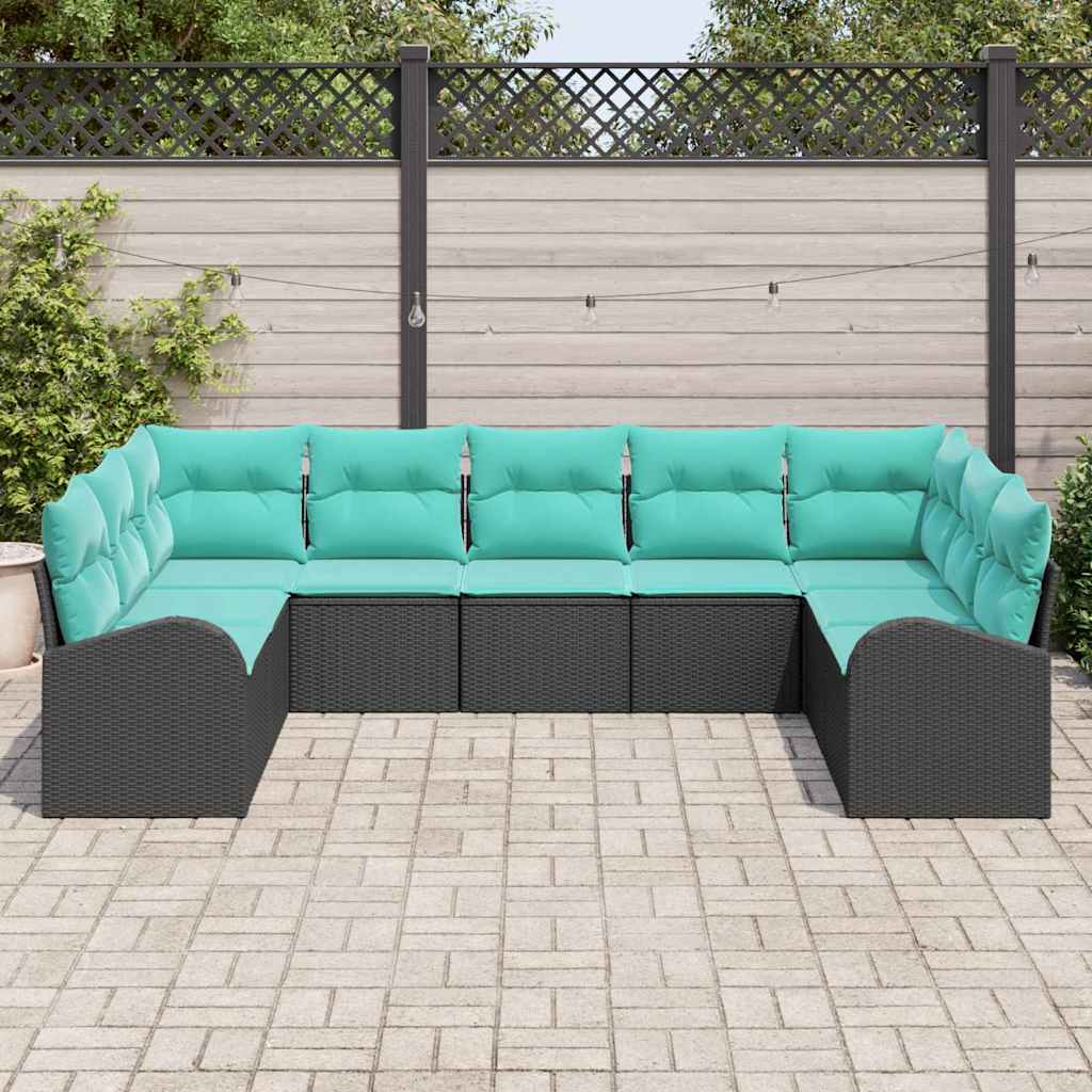 Tuinbankenset met kussen 9 pcs Zwart en Turquoise poly rattan is nu te koop bij PeponiXL, paradijselijk wonen!