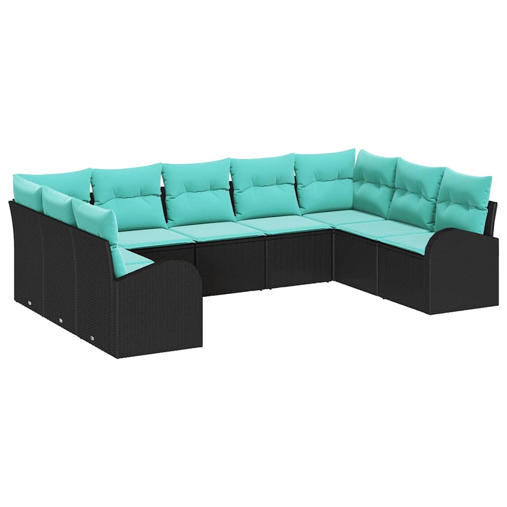 Tuinbankenset met kussen 9 pcs Zwart en Turquoise poly rattan is nu te koop bij PeponiXL, paradijselijk wonen!