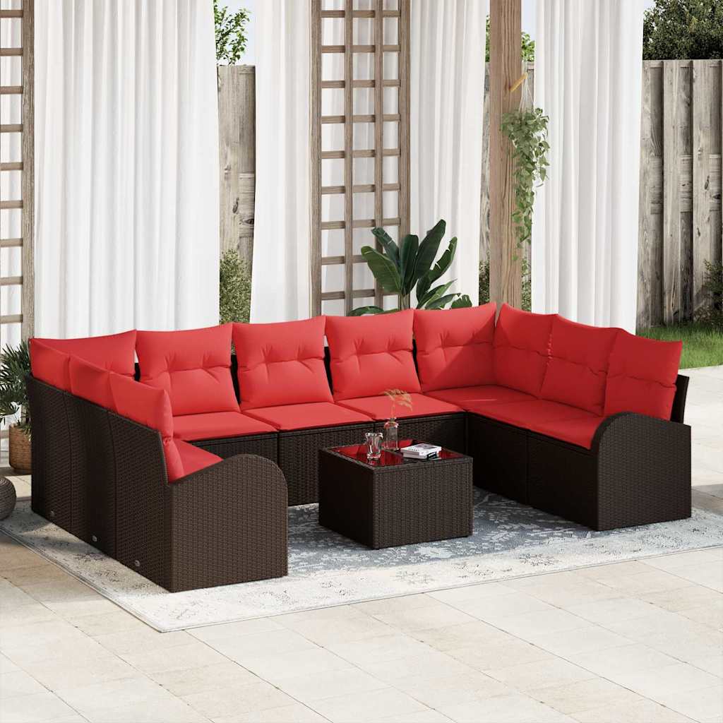 Tuinbankenset met kussen 10 pcs Bruin en Rood poly rattan is nu te koop bij PeponiXL, paradijselijk wonen!