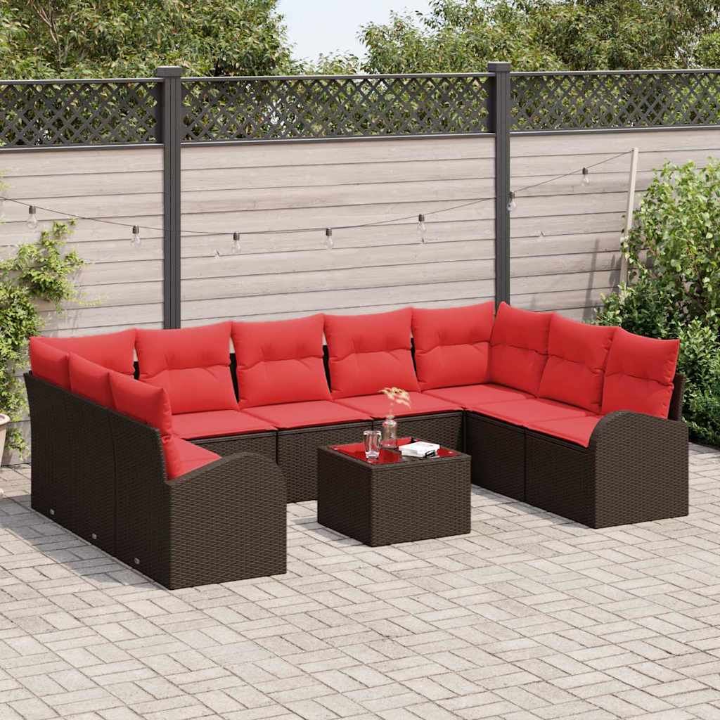 Tuinbankenset met kussen 10 pcs Bruin en Rood poly rattan is nu te koop bij PeponiXL, paradijselijk wonen!