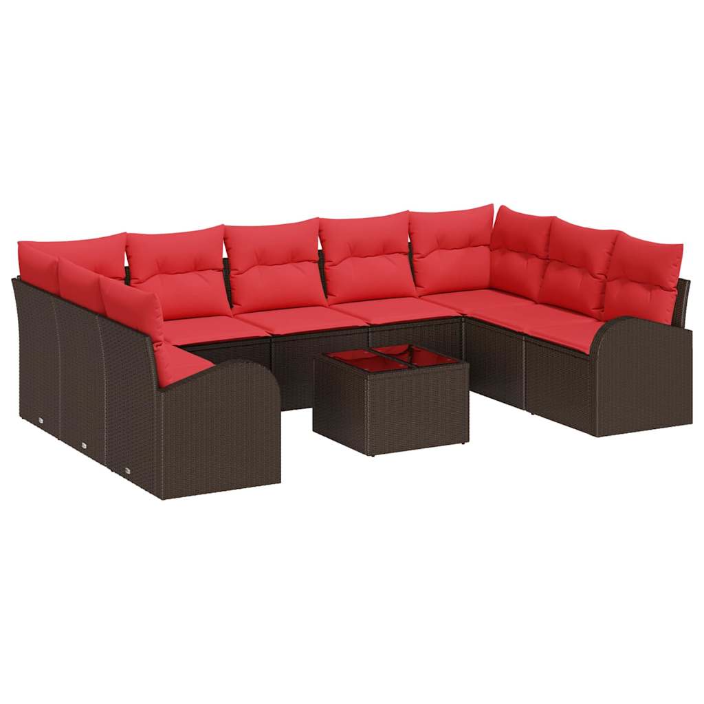 Tuinbankenset met kussen 10 pcs Bruin en Rood poly rattan is nu te koop bij PeponiXL, paradijselijk wonen!
