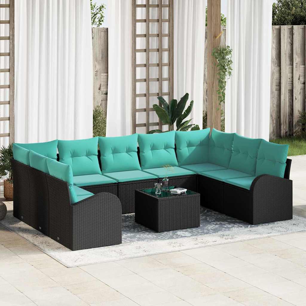 Tuinbankenset met kussen 10 pcs Zwart en Turquoise poly rattan is nu te koop bij PeponiXL, paradijselijk wonen!