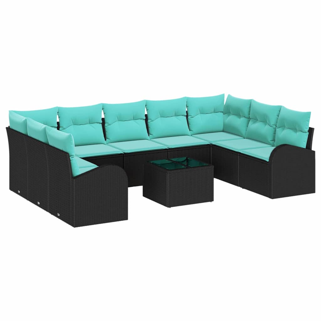 Tuinbankenset met kussen 10 pcs Zwart en Turquoise poly rattan is nu te koop bij PeponiXL, paradijselijk wonen!