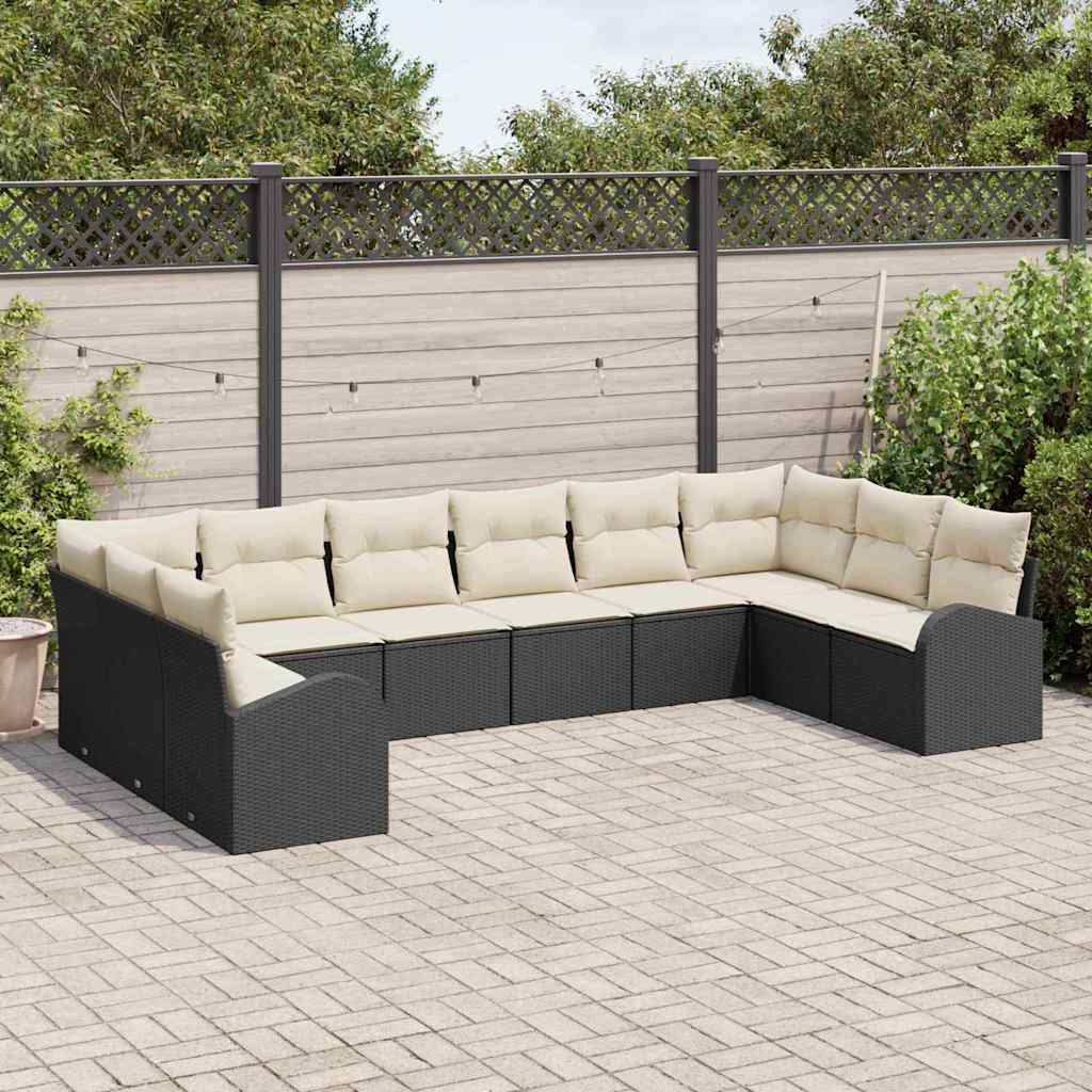 Tuinbankenset met kussen 10 pcs Zwart en Wit poly rattan is nu te koop bij PeponiXL, paradijselijk wonen!