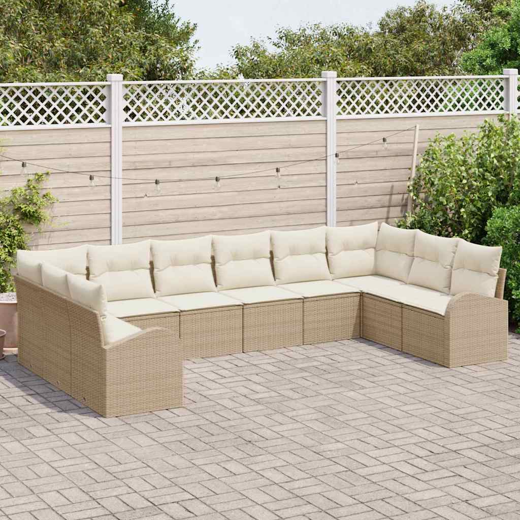 Tuinbankenset met kussen 10 pcs Beige en Wit poly rattan is nu te koop bij PeponiXL, paradijselijk wonen!