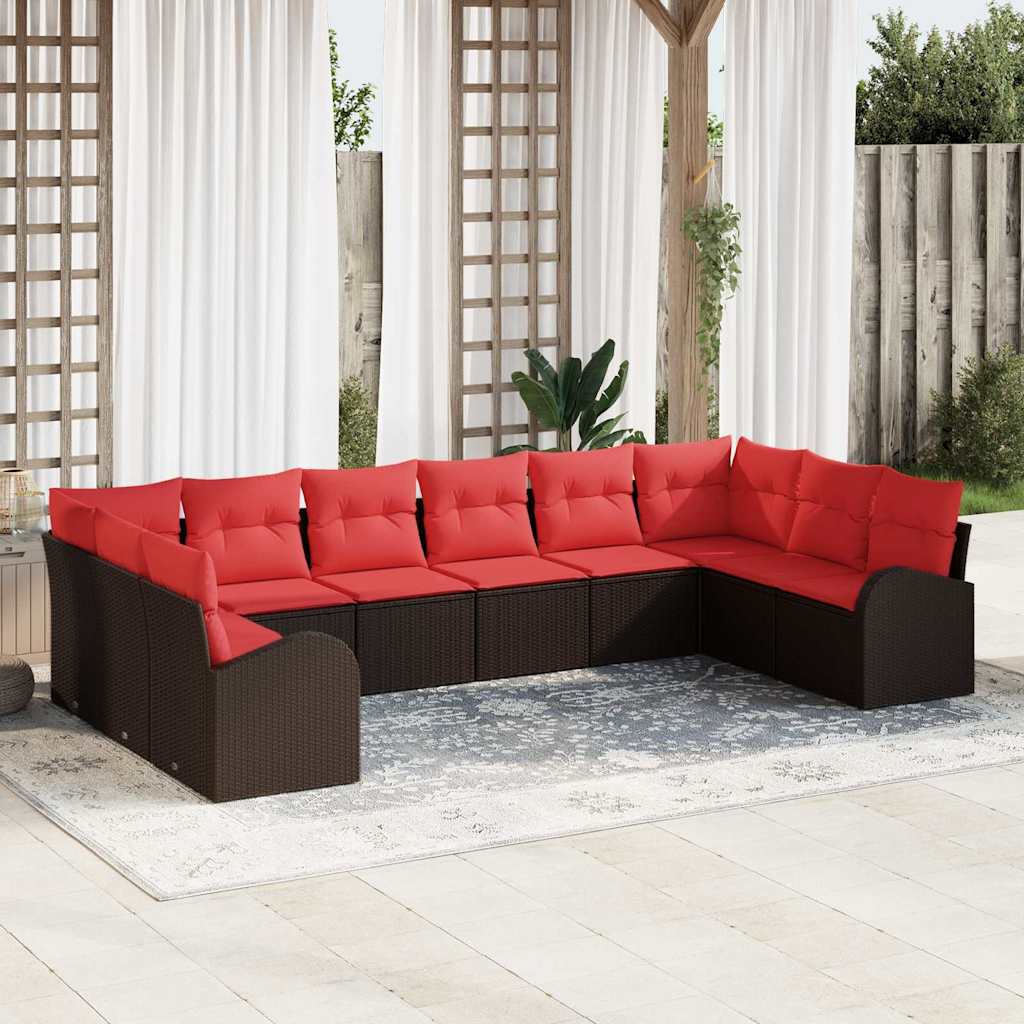Tuinbankenset met kussen 10 pcs Bruin en Rood poly rattan is nu te koop bij PeponiXL, paradijselijk wonen!